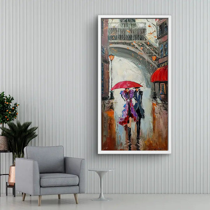 Modernes Wandbild Paar mit rotem Regenschirm vor Eiffelturm in Paris, impressionistisches Artwork
