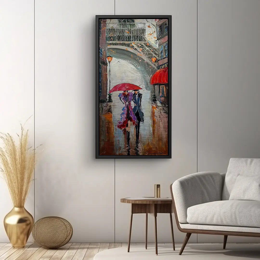 Modernes Wandbild mit Paar unter Regenschirm in Paris vor Eiffelturm, stilvolles Wohnzimmer