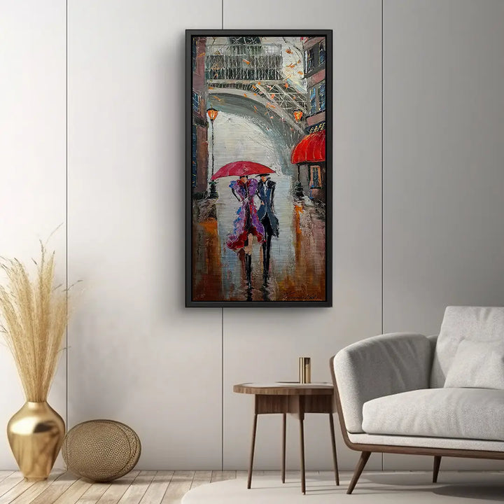 Modernes Wandbild mit Paar unter Regenschirm in Paris vor Eiffelturm, stilvolles Wohnzimmer