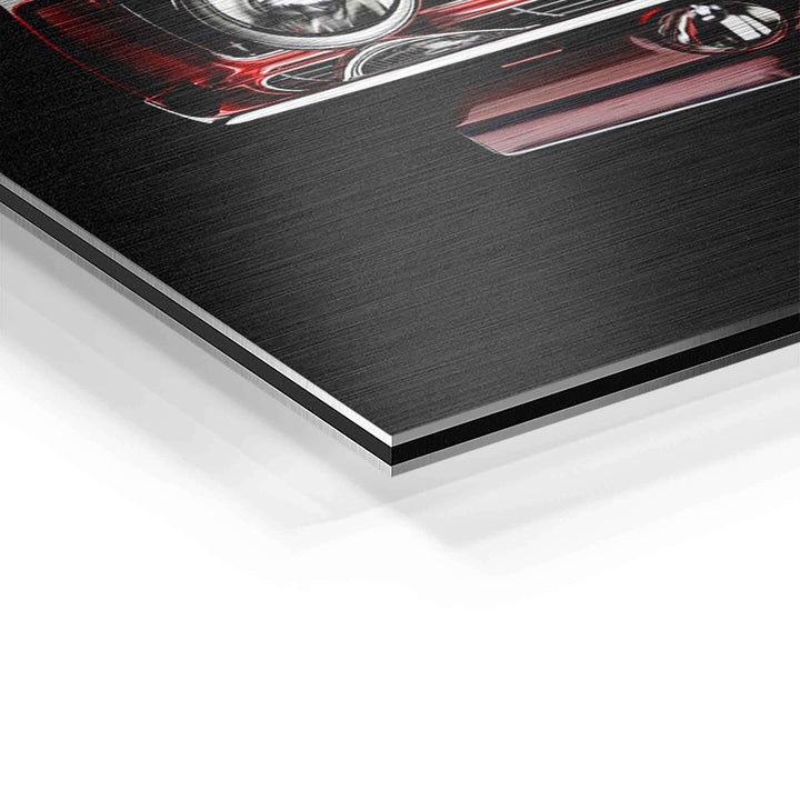 Detailaufnahme Wandbild roter Oldtimer auf gebürstetem Aluminium, moderne Kunst