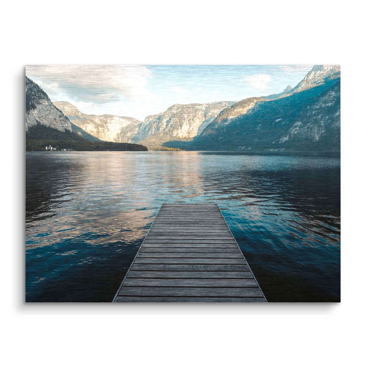 Wandbild Holzsteg am Bergsee mit Gebirgspanorama, Natur Leinwandbild