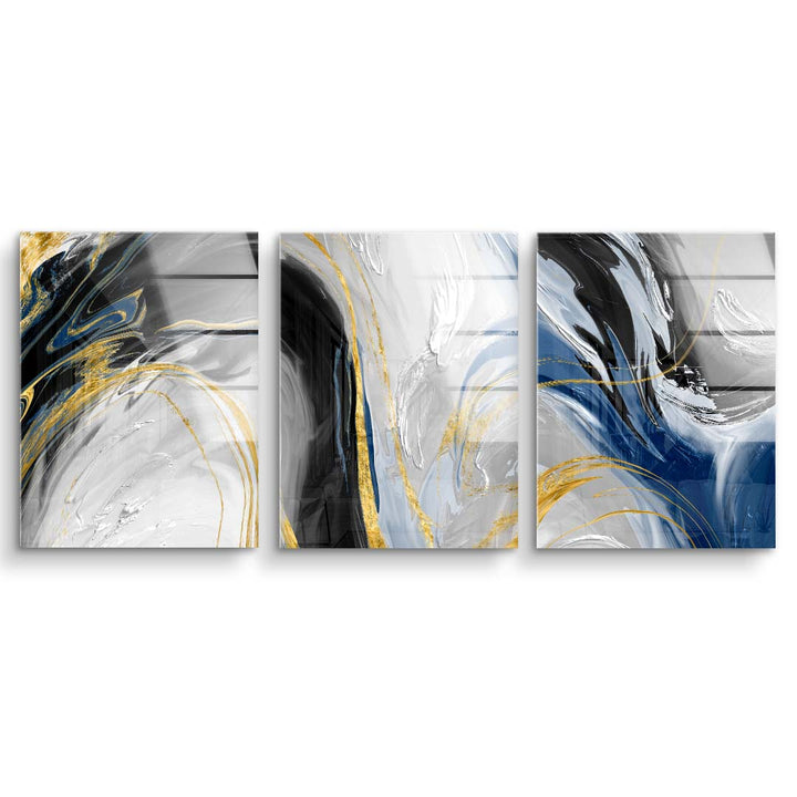 Modernes Wandbild mit abstrakten Farbverläufen in Gold, Blau, Schwarz und Weiß auf drei Teilen.