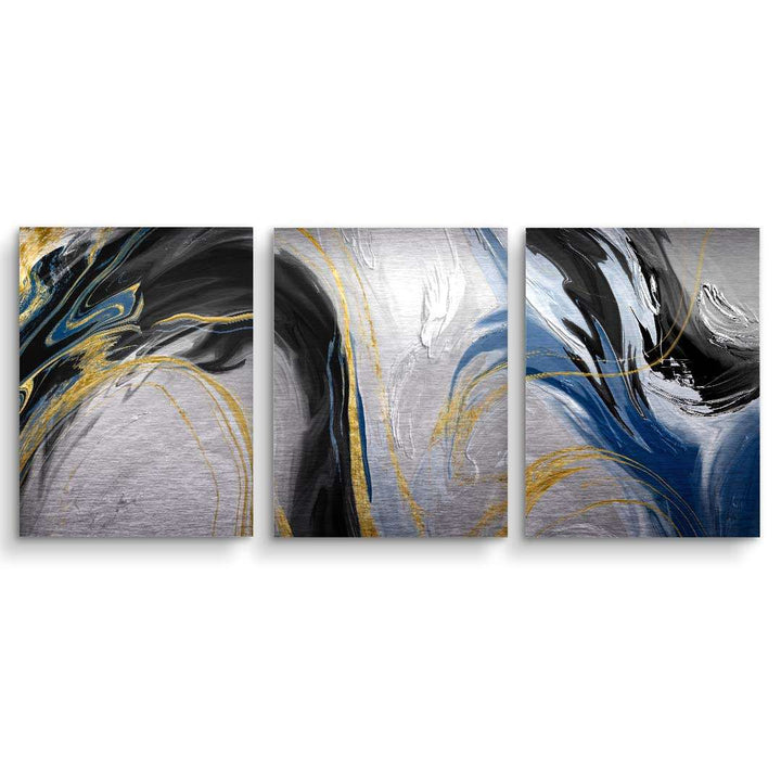 Abstraktes Wandbild Triptychon mit goldenen, blauen und schwarzen Farbverläufen auf silbernem Hintergrund