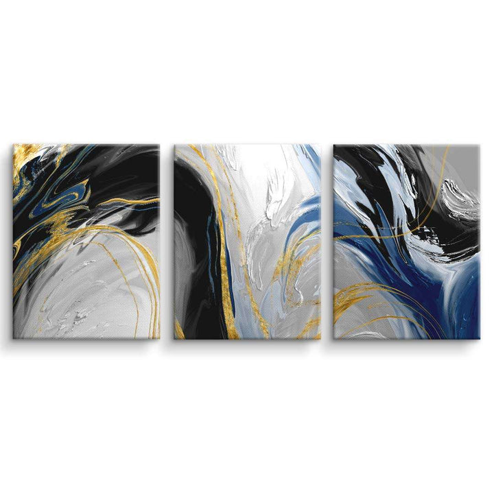 Abstraktes Wandbild mit gold-blauen Farbverläufen auf drei Leinwänden