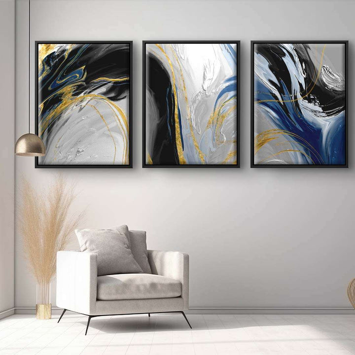 Modernes Wandbild-Set mit abstrakten Farbverläufen in Gold, Blau, Schwarz und Weiß, Wohnzimmer
