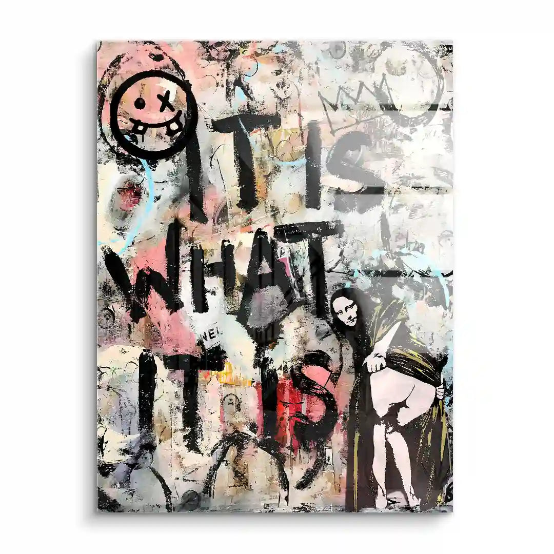 Modernes Wandbild Mona Lisa Street Art Look, Graffiti mit Spruch und künstlerischem Hintergrund