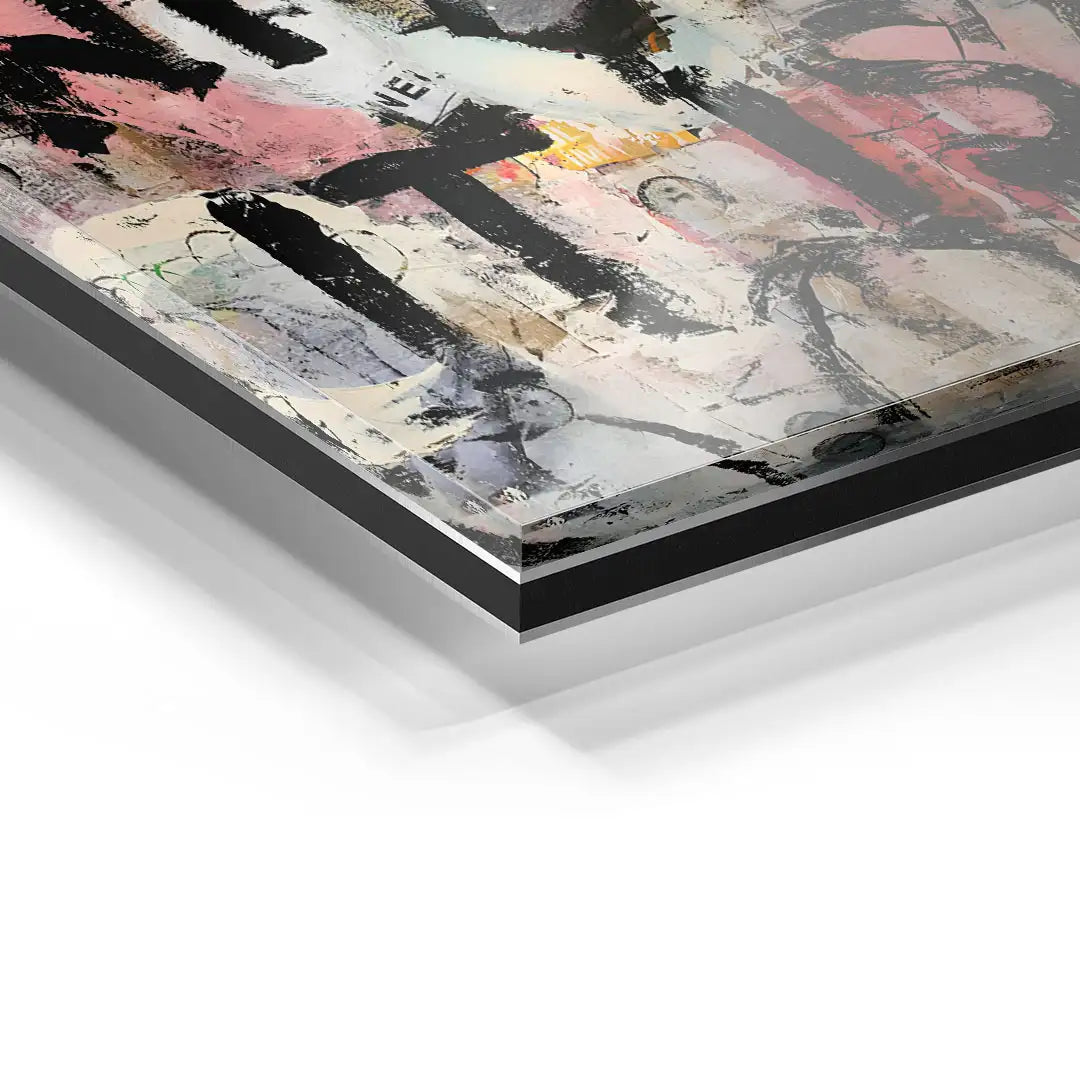 Detailansicht eines modernen Wandbilds auf Acrylglas mit abstrakten Farben und Texturen