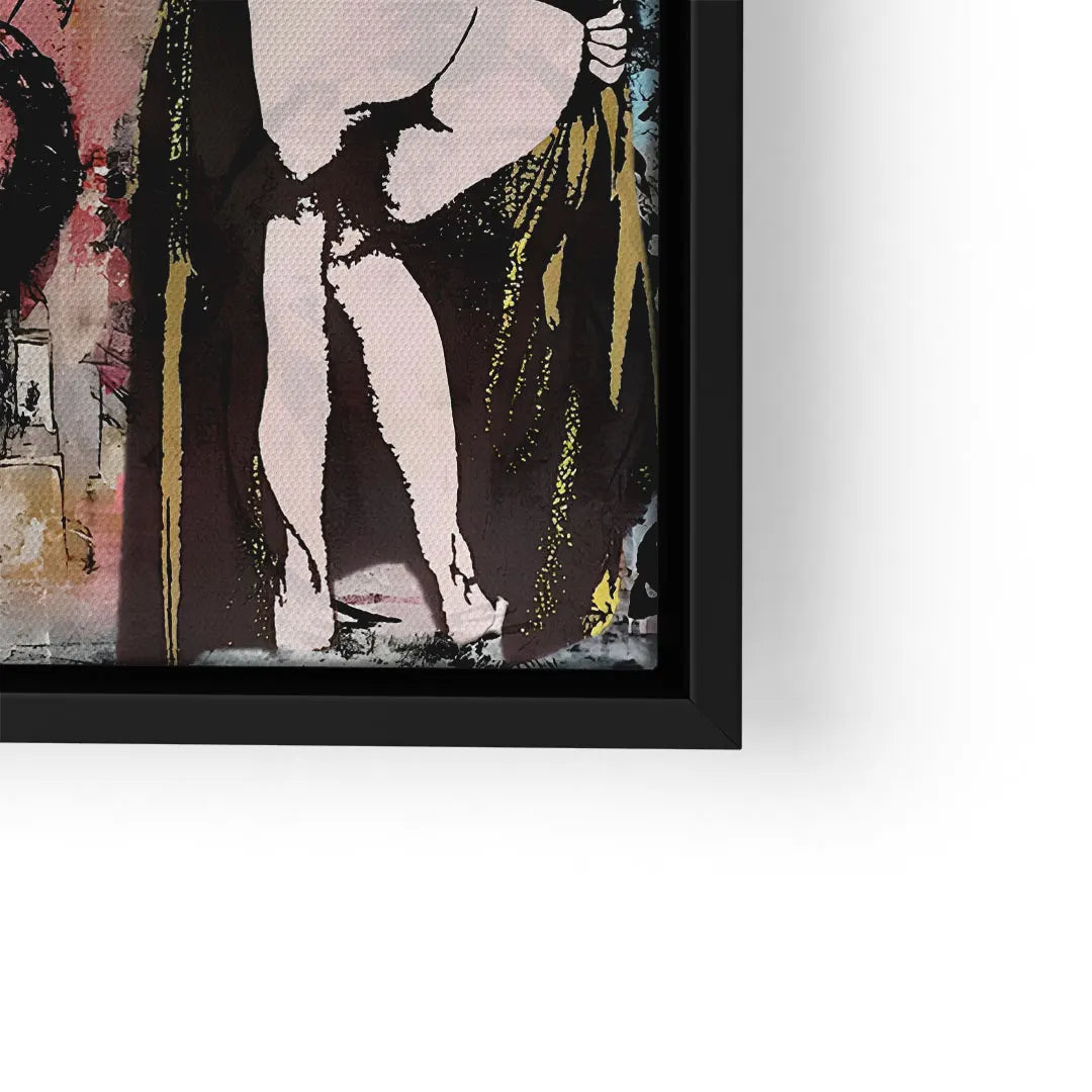 Modernes Wandbild in Pop Art Stil mit abstrakter Frauenfigur, kunterbunte Farben, schwarzer Rahmen