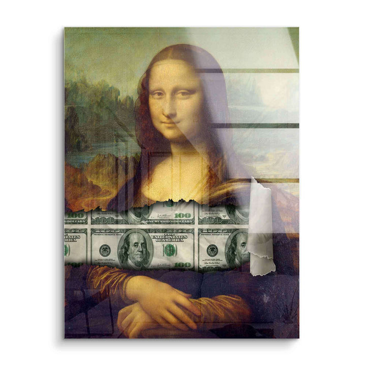 Modernes Wandbild Mona Lisa mit Geldscheinen im Pop Art Stil auf Acrylglas