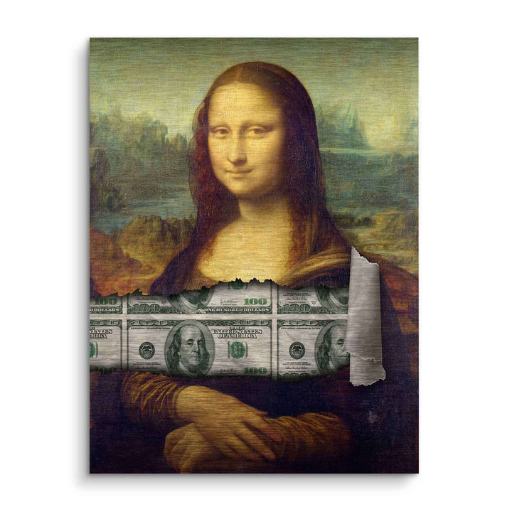 Modernes Wandbild Mona Lisa mit sichtbaren 100-Dollar-Scheinen, Pop Art Kunstmotiv