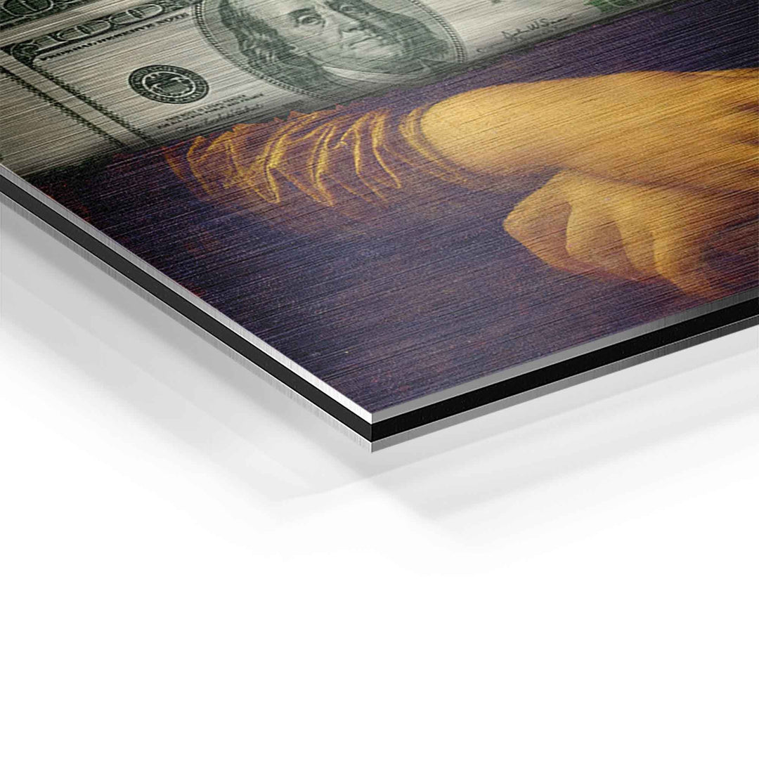 Detail eines modernen Wandbilds mit Mona Lisa und Geldschein auf Aluminium