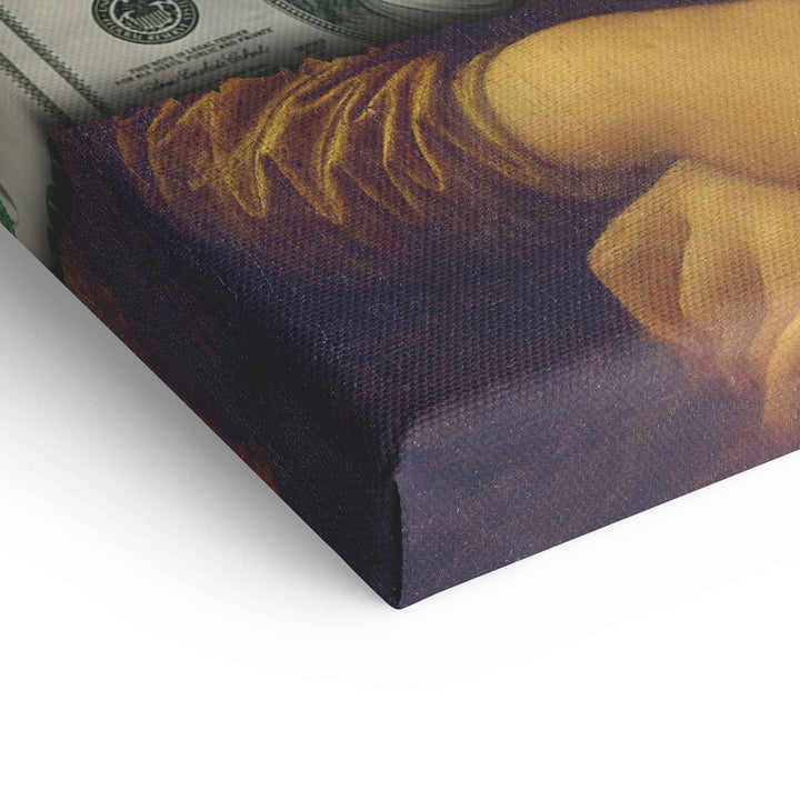 Detailansicht Leinwandbild Mona Lisa mit Geldschein-Motiv, Pop Art Wandbild