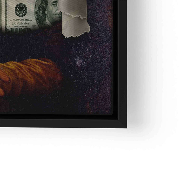 Modernes Wandbild, Mona Lisa mit aufgeklebtem Geldschein, Detailansicht im schwarzen Rahmen