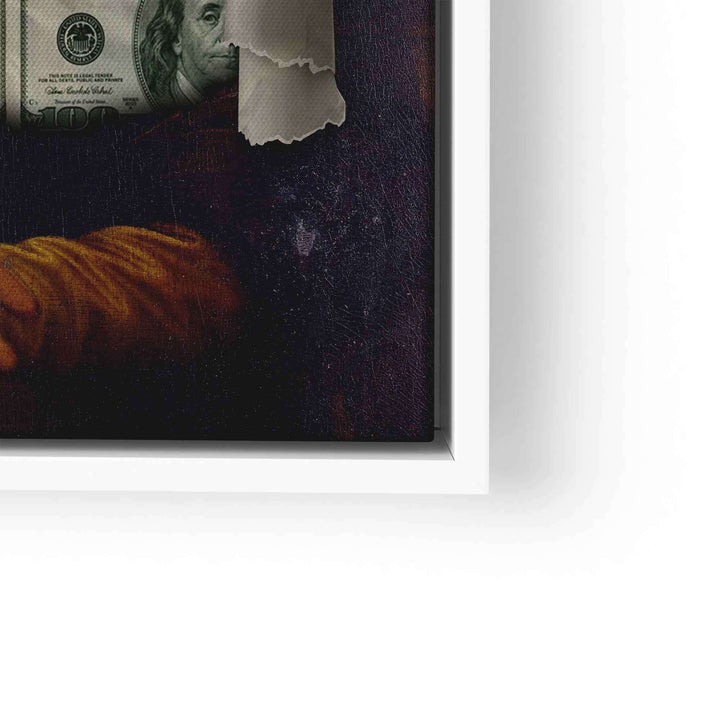 Modernes Wandbild mit Mona Lisa und Loch, durch das ein Geldschein sichtbar ist