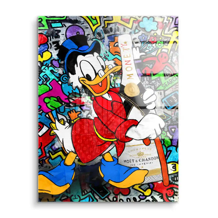 Buntes Pop Art Wandbild mit Comic-Ente, Champagnerflasche und Graffiti-Hintergrund