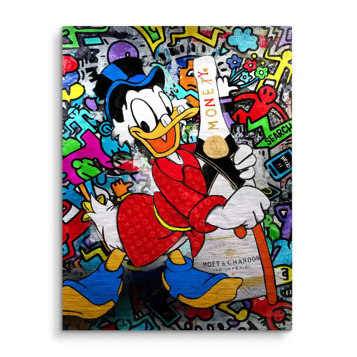 Wandbild mit Cartoon-Ente, Sektflasche und buntem Graffiti-Hintergrund, Pop Art Kunst