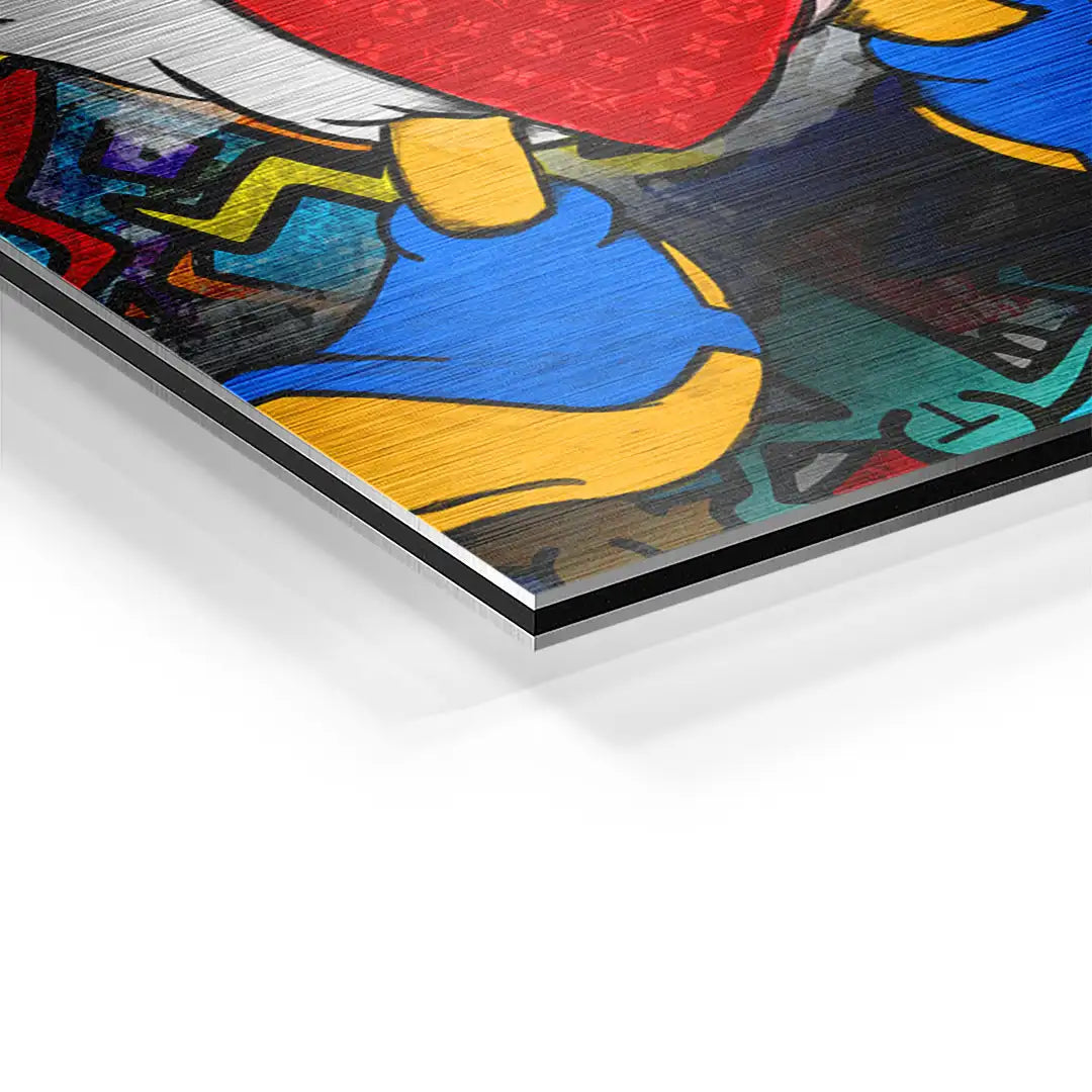 Detailaufnahme Wandbild auf Aluminium mit farbenfrohem Comic-Motiv und gebürsteter Oberfläche