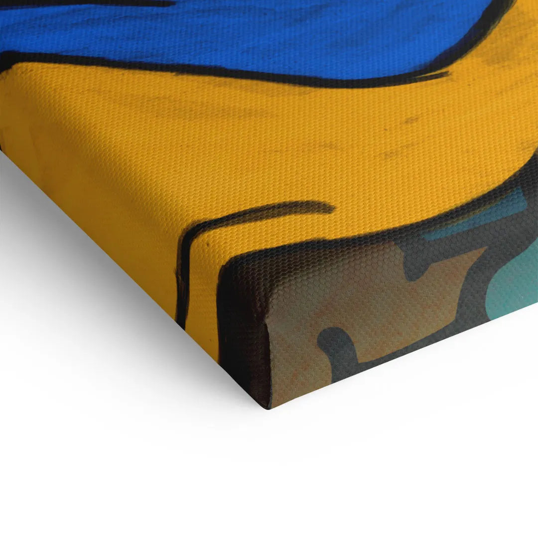 Detailansicht eines bunten Pop-Art Wandbilds auf Leinwand mit gelben und blauen Farbflächen