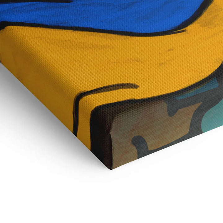Detailansicht eines bunten Pop-Art Wandbilds auf Leinwand mit gelben und blauen Farbflächen
