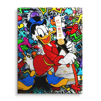 Buntes Pop Art Wandbild mit Comic-Enterich und Champagnerflasche vor Graffiti-Hintergrund