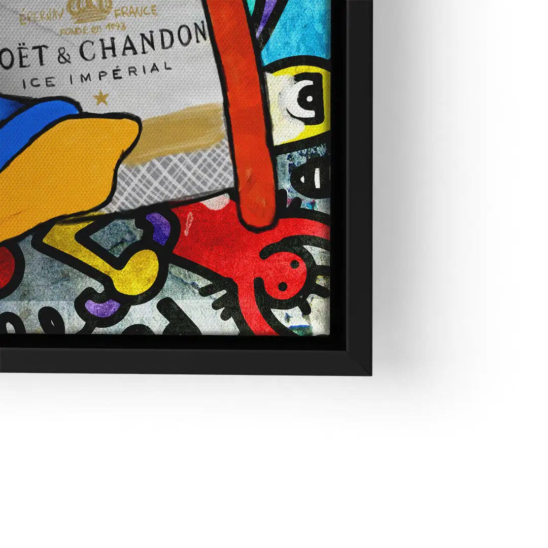 Modernes Wandbild Comic-Stil mit Champagnerflasche und bunten abstrakten Figuren