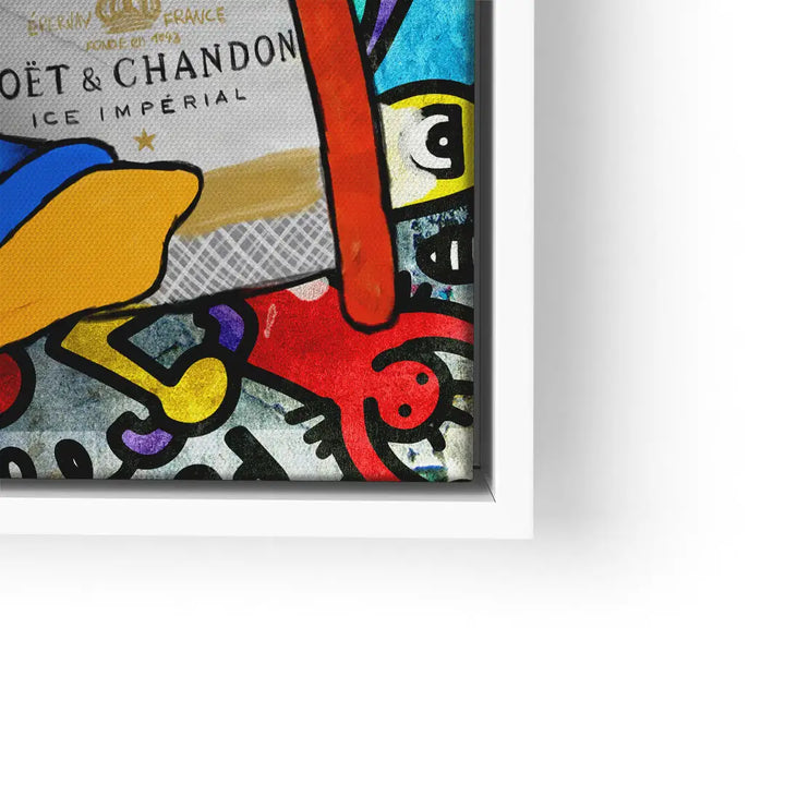 Buntes Wandbild im Pop Art Stil mit Champagnerflasche und grafischen Figuren, gerahmt