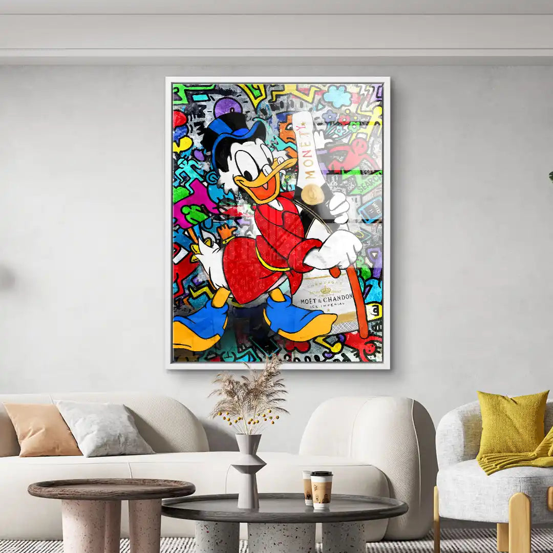 Modernes Wandbild mit Comic-Ente, buntem Pop Art Graffiti und Geld-Motiv im Wohnzimmer