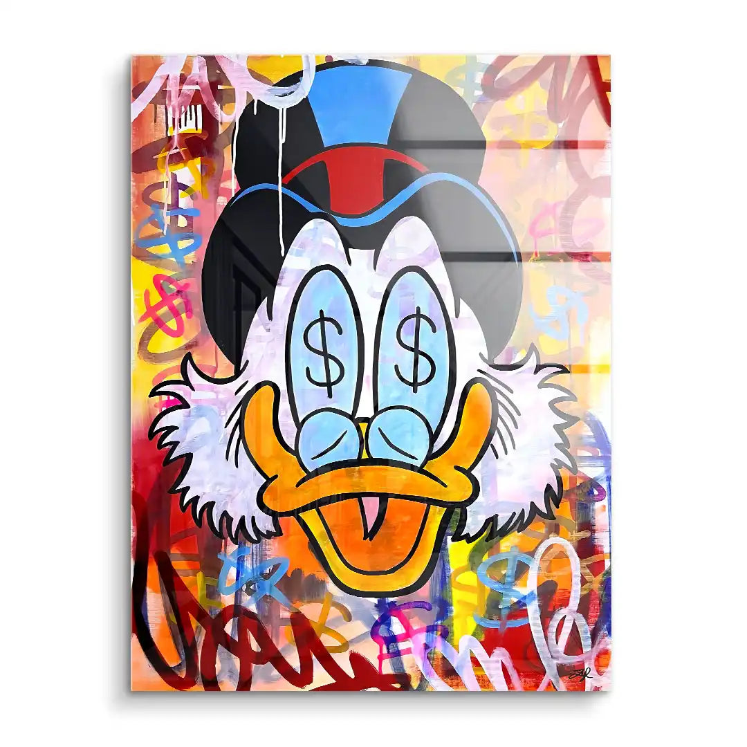Farbenfrohes Wandbild mit Comic-Ente, Dollarzeichen in den Augen, bunte Graffiti-Elemente