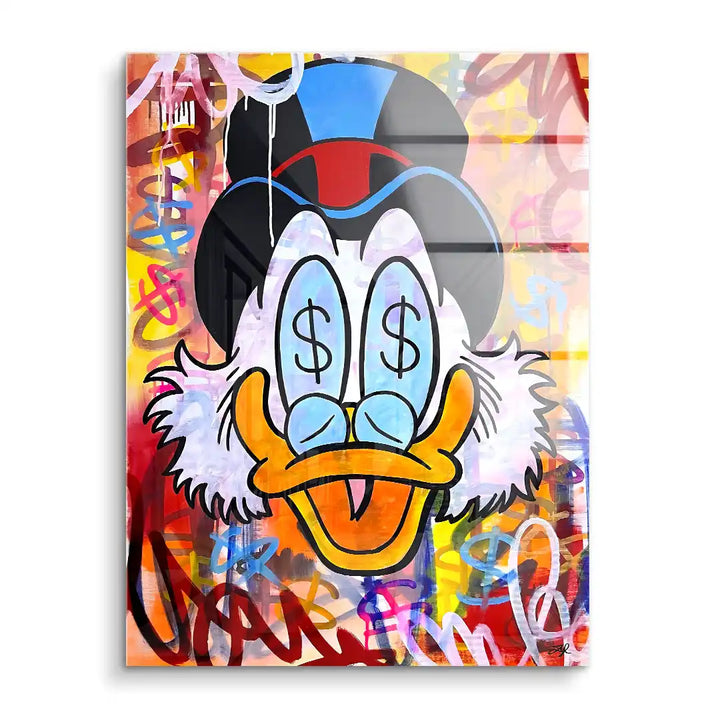 Farbenfrohes Wandbild mit Comic-Ente, Dollarzeichen in den Augen, bunte Graffiti-Elemente
