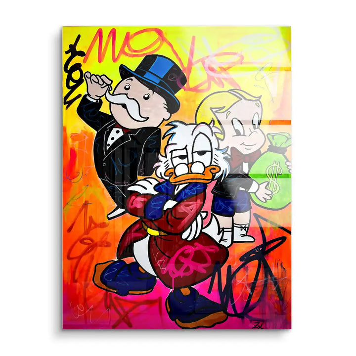 Pop Art Wandbild mit Comic-Figuren, Geldmotiven und buntem Graffiti-Hintergrund