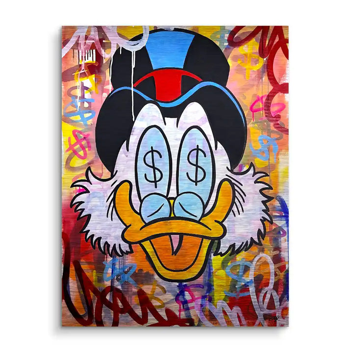 Buntes Wandbild mit Comic-Ente, Dollarzeichen in den Augen und Graffiti-Hintergrund