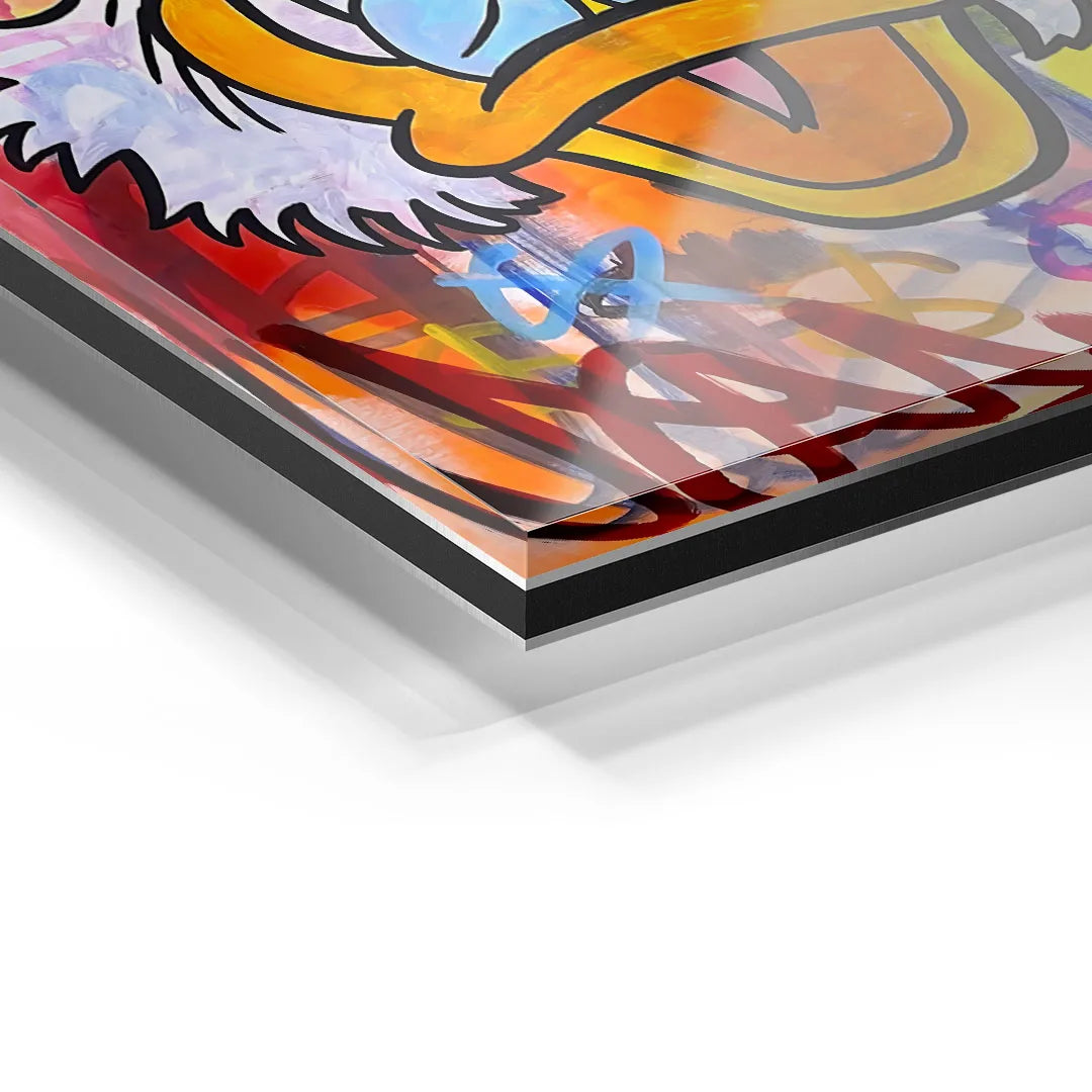 Acrylglas Wandbild mit buntem Comic-Motiv, Pop Art Stil, seitliche Detailansicht