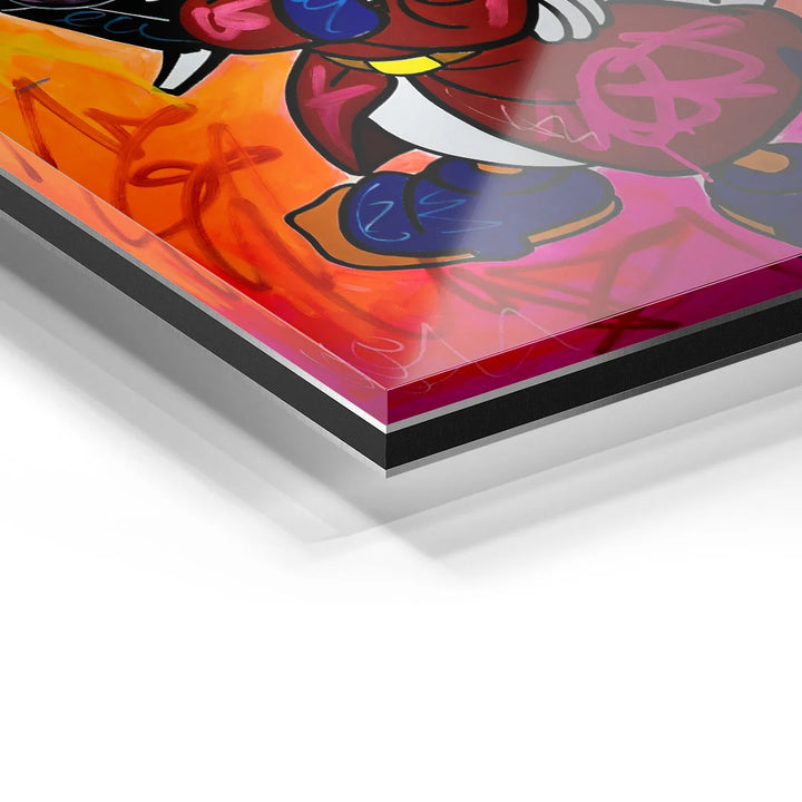 Detailansicht Acrylglas-Wandbild mit buntem Pop Art Motiv, leuchtende Farben, moderner Stil
