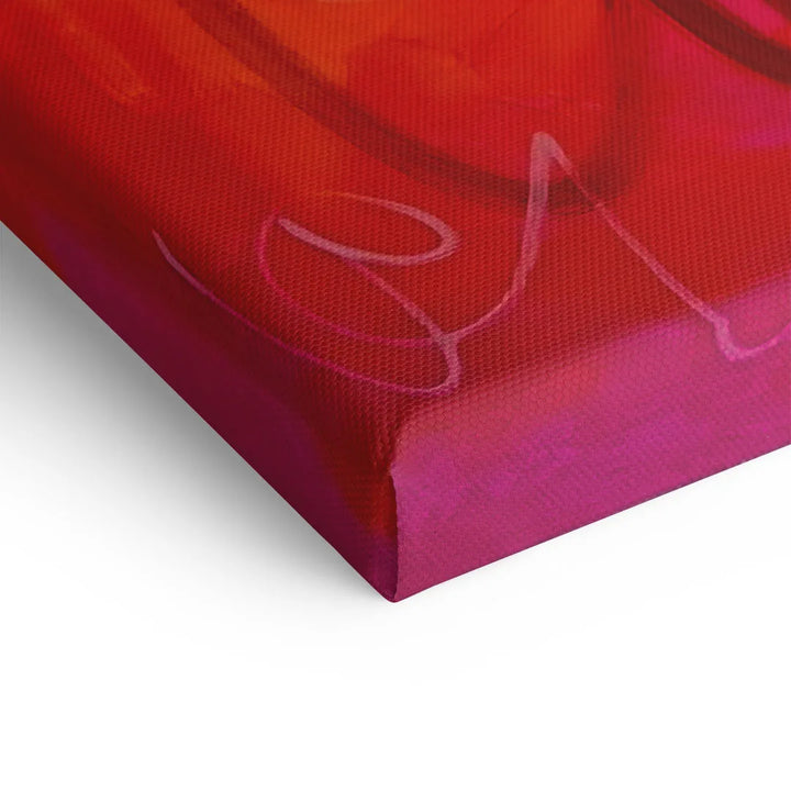 Detailansicht Leinwandbild mit roter und pinker abstrakter Kunst, seitliche Kante