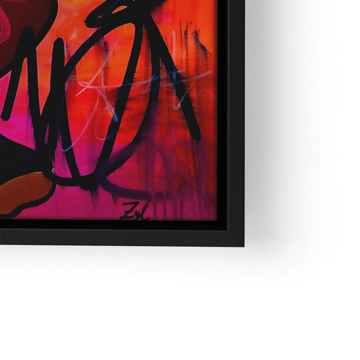 Modernes Wandbild mit roter Graffiti-Kunst und schwarzem Rahmen, abstraktes Design