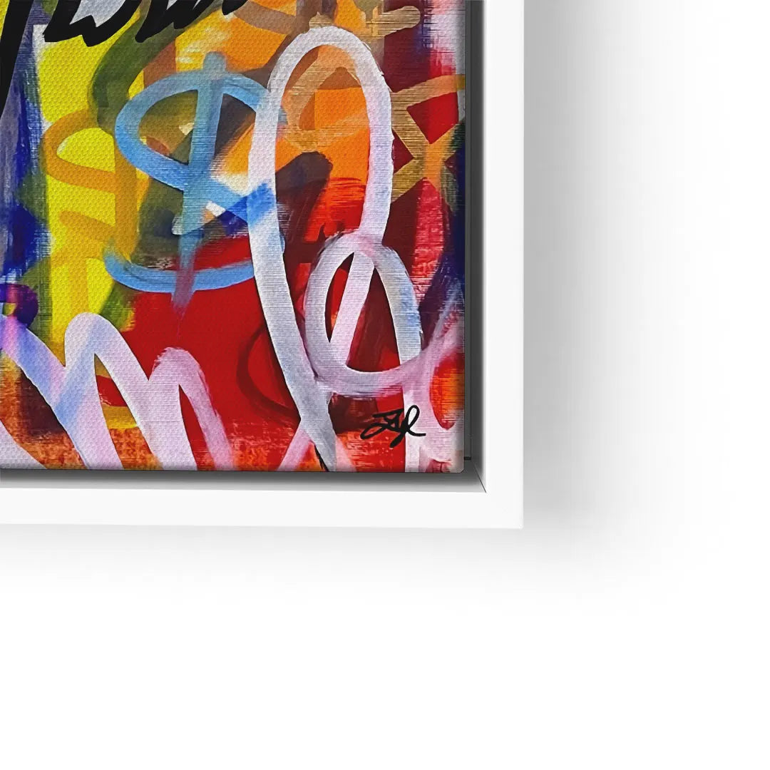 Buntes Wandbild mit Graffiti-Elementen, Geldsymbolen und Schriftzügen auf Leinwand