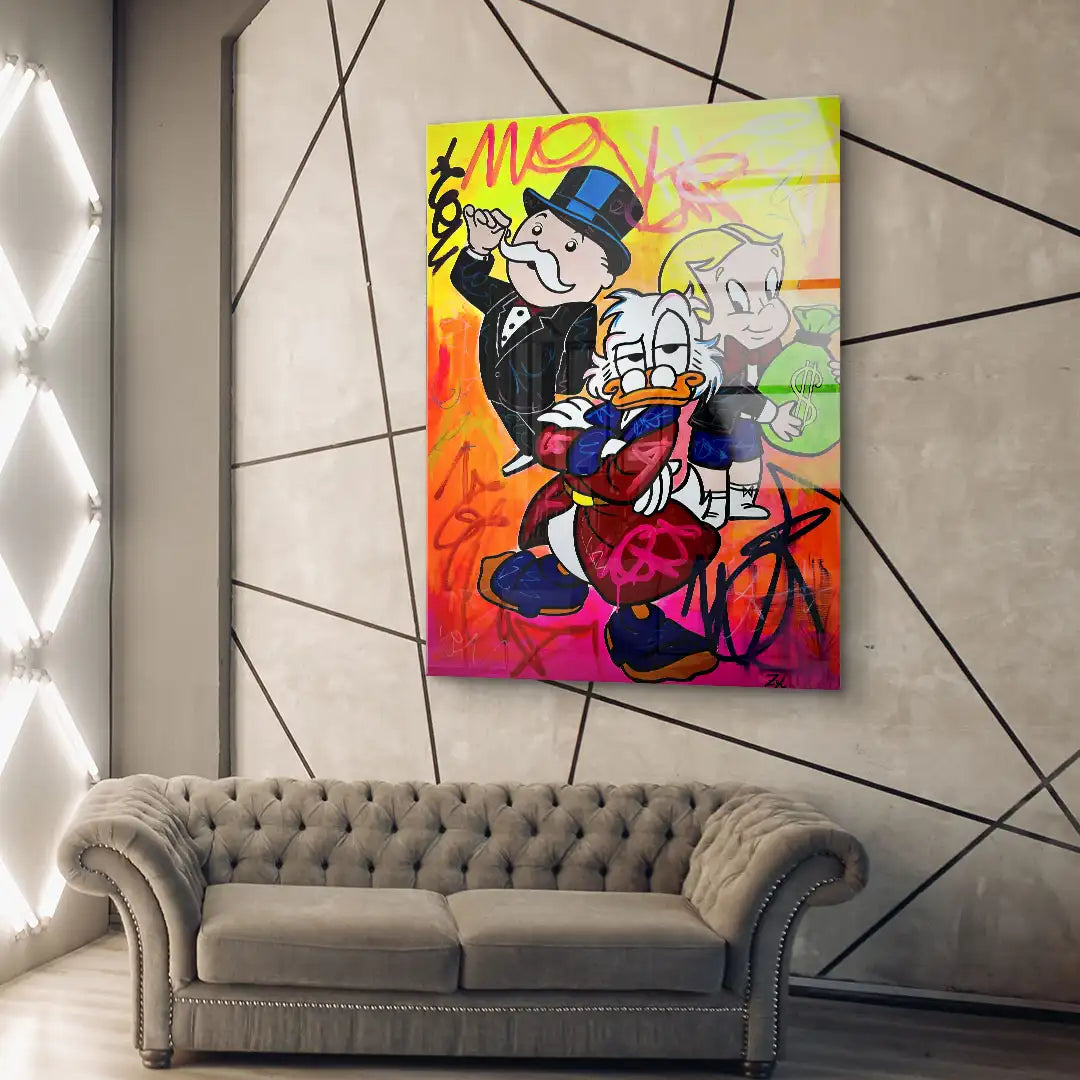 Modernes Wandbild mit Comic-Figuren und buntem Graffiti über einem grauen Sofa