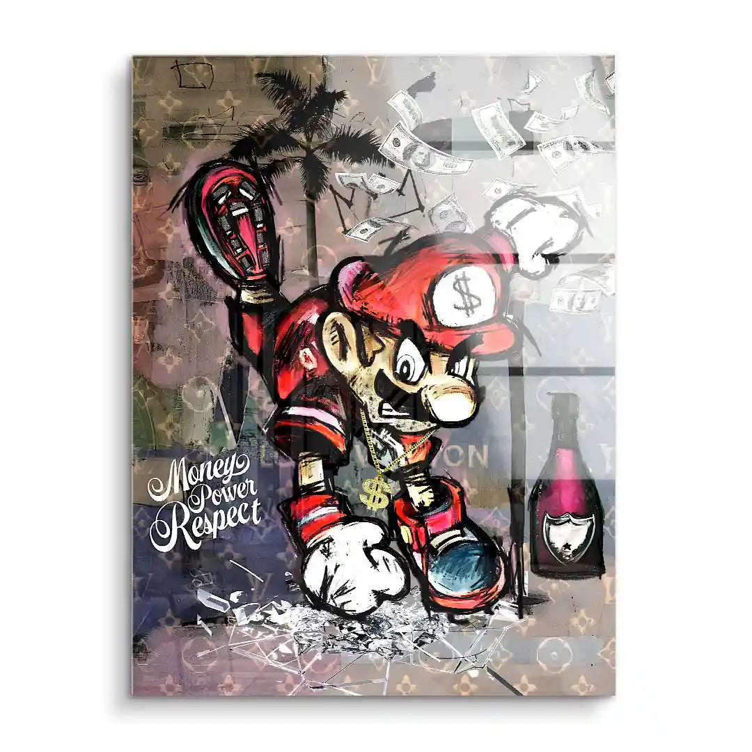 Pop Art Wandbild mit Comicfigur, Dollarscheinen, Champagnerflasche und Schriftzug Money Power Respect