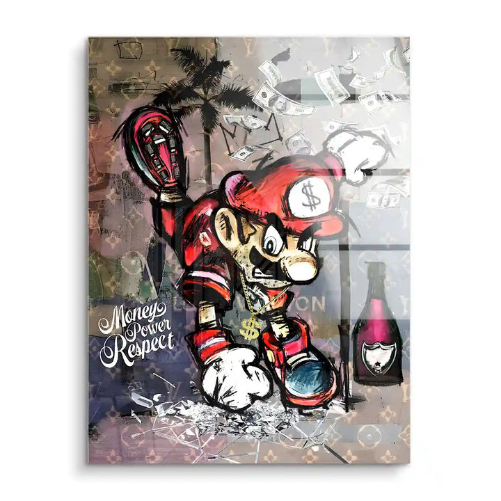 Pop Art Wandbild mit Comicfigur, Dollarscheinen, Champagnerflasche und Schriftzug Money Power Respect