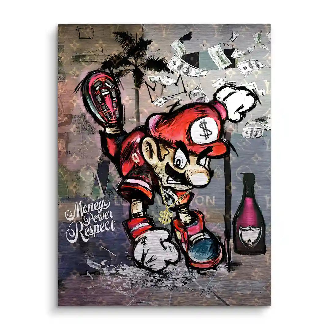 Comic-Figur mit roter Kappe, Geldscheinen und Champagnerflasche, Streetart Wandbild