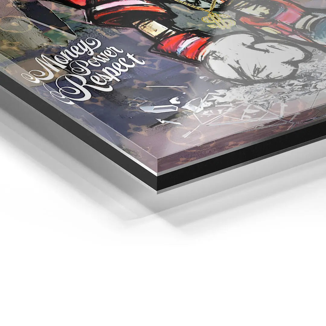 Detail eines Acrylglas-Wandbilds mit Comic-Kunst, Schriftzug Money Power Respect, moderner Stil
