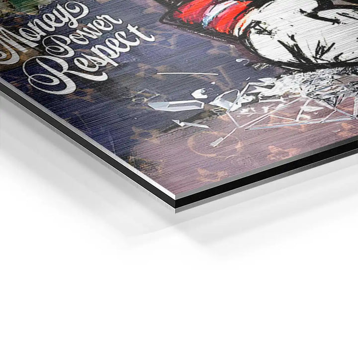 Detailansicht modernes Wandbild auf Aluminium mit Schriftzug Money Power Respect, Pop Art Design