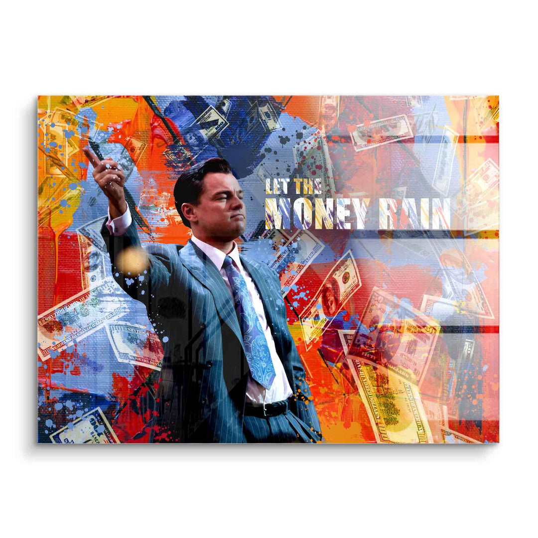 Pop Art Wandbild mit Anzugträger, Geldscheinen und Schriftzug 'Let the Money Rain' auf buntem Hintergrund