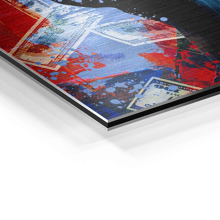 Detailaufnahme Wandbild mit Geldschein-Motiv und farbigen Spritzern auf Aluminium-Druck