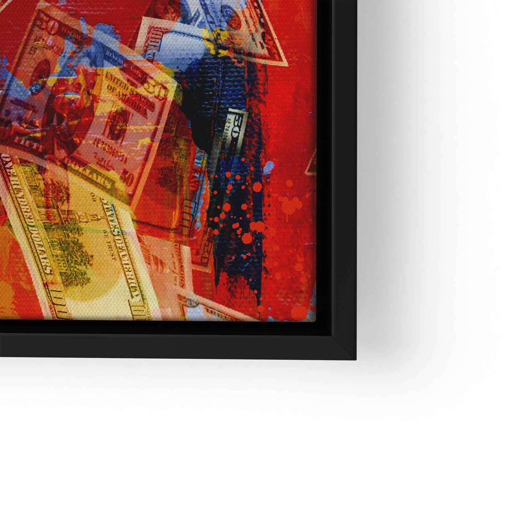 Modernes Wandbild mit US-Dollar-Scheinen auf rotem Hintergrund, Motivationskunst