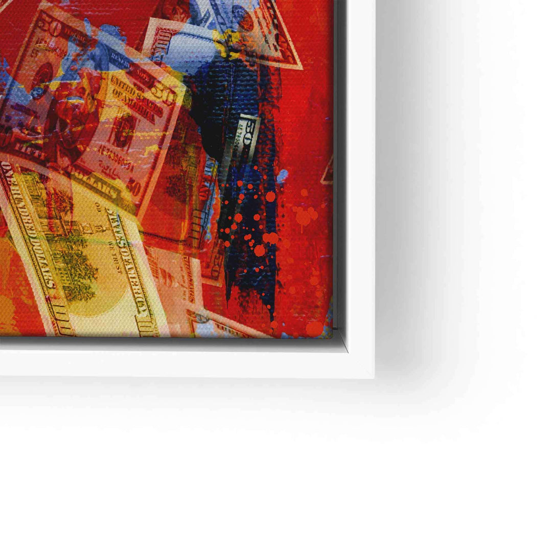 Modernes Wandbild mit bunten Geldscheinen vor rotem Hintergrund, Kunst auf Leinwand