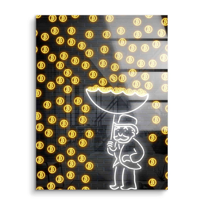 Neon-Wandbild mit Comic-Mann und Regenschirm im Bitcoin-Regen vor dunklem Hintergrund