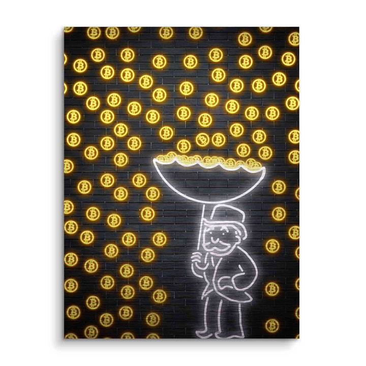Pop Art Wandbild mit gezeichnetem Mann im Anzug, Bitcoin-Symbole auf dunkler Ziegelwand