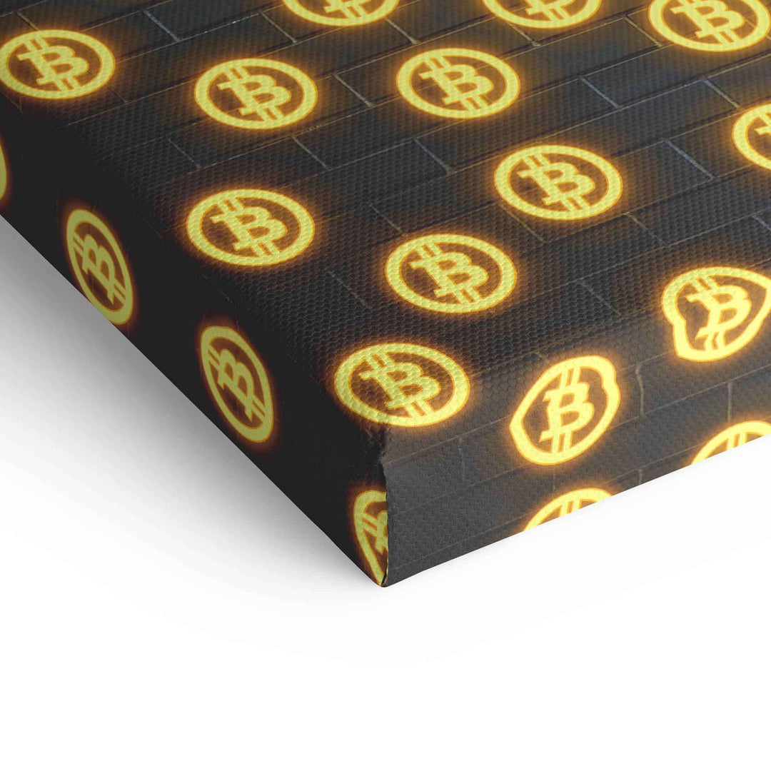 Leinwandbild Detail mit leuchtenden Bitcoin Symbolen auf dunklem Hintergrund