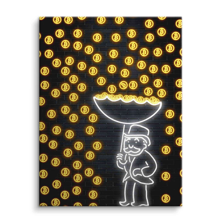 Pop Art Wandbild: Comicfigur mit Schirm im Bitcoin-Regen auf schwarzer Ziegelwand